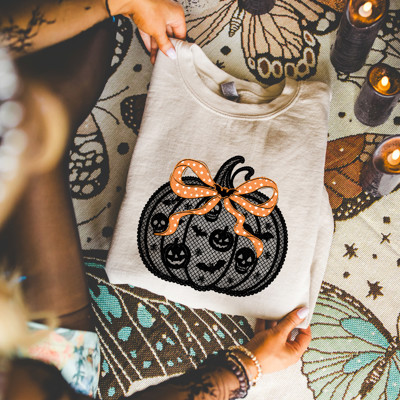 Faux (Printed, not real lace)   Black Lace Pumpkin With Bow For Halloween and Fall - Sweatshirt (Crewneck)  Poly-Cotton Colors (Unisex)  Gildan