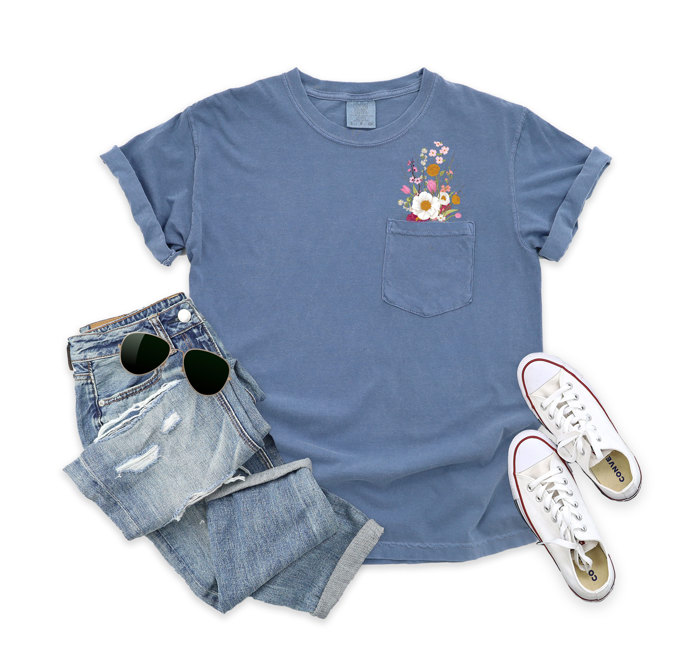Faux (Printed, not real embroidery)    Embroidery Wild Flower Pocket Unisex Heavyweight Comfort Tee