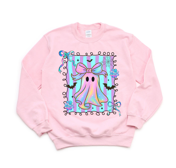 Faux (Printed, not real fabric)   Iridescent Bow Ghost With Square - Halloween Cutie  - Cozy Sweatshirts
