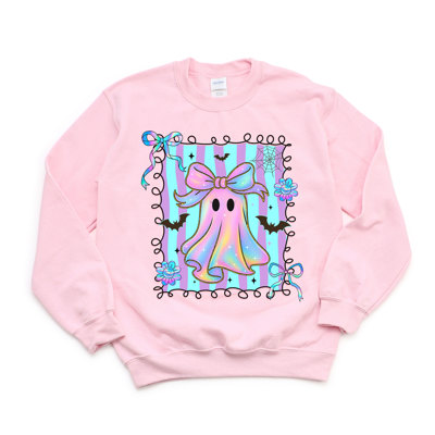 Faux (Printed, not real fabric)   Iridescent Bow Ghost With Square - Halloween Cutie  - Cozy Sweatshirts