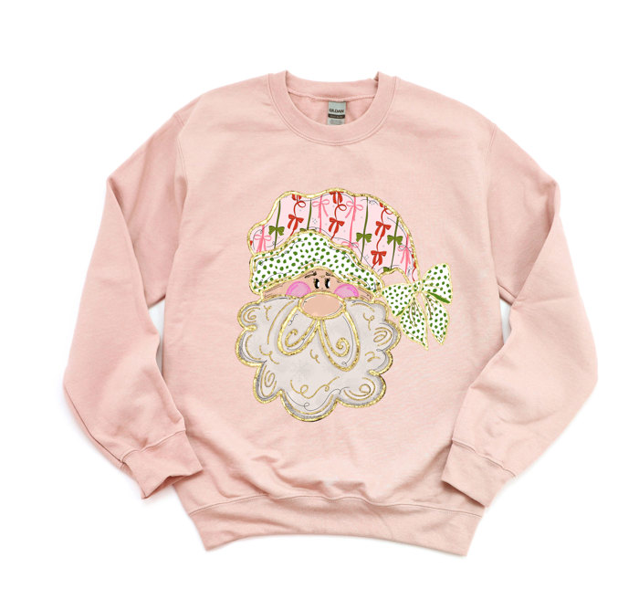 Preppy Bow Santa Claus For Christmas With Faux (Printed, not real fabric or glitter)  Gold Accents - Comfy Drop Shoulder Sweatshirt