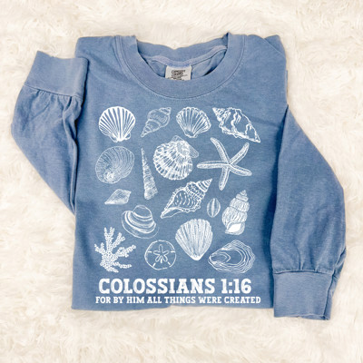 For By Him All Things Were Created - Seashells Beachy Christian Bible Scripture - T-Shirt (Crewneck)  100 Cotton Heavyweight Tee (Unisex)  Comfort Colors, S
