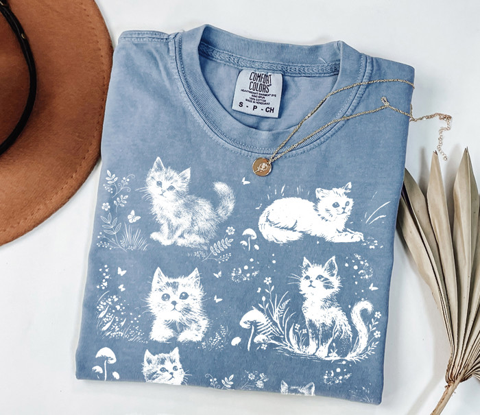 Adorable Cat Kitten Silhouettes - Soft Wash Comfort Color T-Shirt