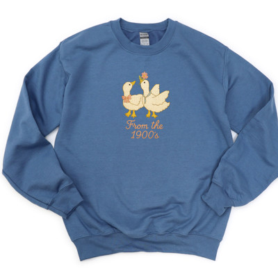From The 1900s Faux (Printed, not real fabric or cross stitch)  Cross Stitch Cute 1980s Style Goose - Drop Shoulder Comfy Sweatshirt