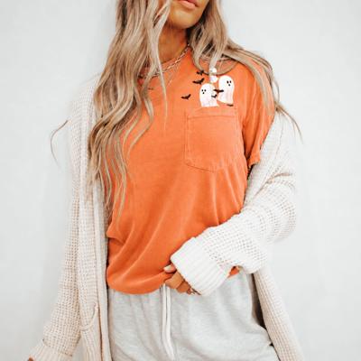 Happy Halloween Fall Harvest Ghosts & Bats - Pocket Tee Soft Washed Heavyweight (Unisex) Comfort Colors