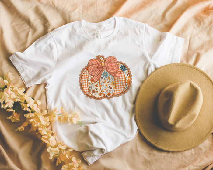 Floral Doily Autumn Fall Halloween Faux Quilted Pumpkin (Printed, not real quilted fabric or embroidery) - T-Shirt (Crewneck)  100 Cotton Heavyweight Tee (Unisex)  Comfort Colors