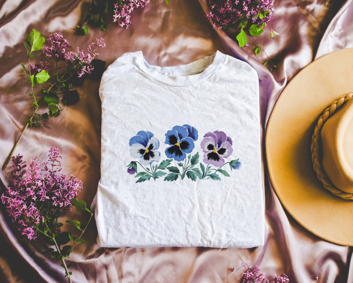 Whimsical Spring Summer Pansies Floral Botanical Print - Extra Soft Bella Canvas