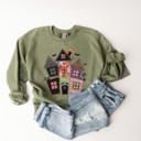  Faux (Printed, not real quilted fabric) Quilted Spooky Haunted Halloween House - Comfy Dropshoulder Sweatshirt