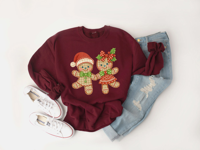 Adorable Gingham Gingerbread Couple Christmas Holidays - Comfy Drop Shoulder Sweatshirt