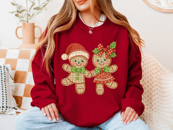 Adorable Gingham Gingerbread Couple Christmas Holidays - Comfy Drop Shoulder Sweatshirt