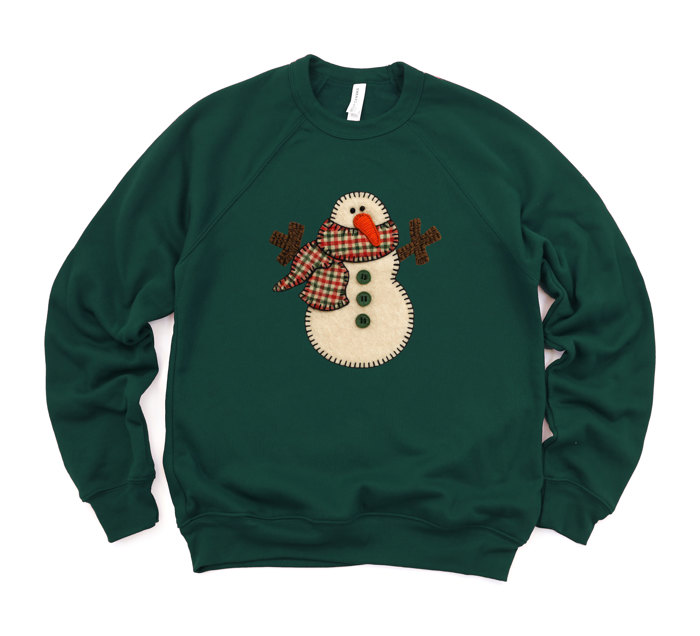 Faux (Printed, not real)  Applique Snowman - Ultra Soft Sweatshirt Sponge Fleece Raglan Bella Canvas