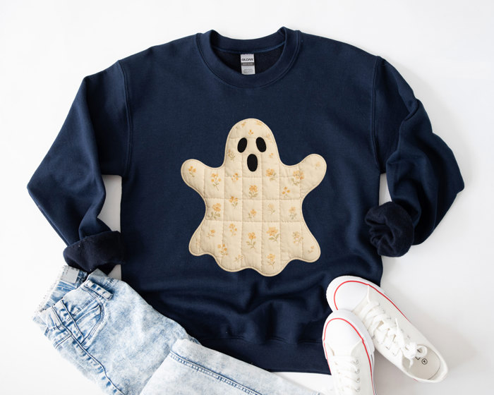 Faux (Printed, not real quilted fabric) Quilted Halloween Ghost - Cozy Drop Shoulder Sweatshirt