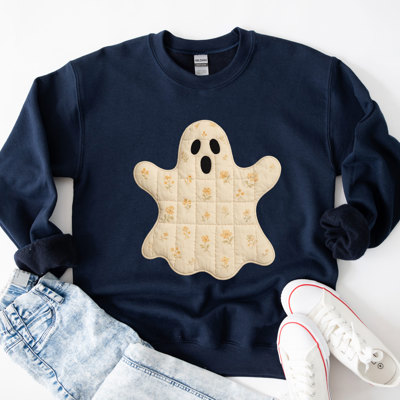Faux (Printed, not real quilted fabric) Quilted Halloween Ghost - Cozy Drop Shoulder Sweatshirt
