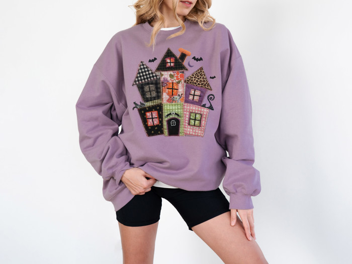 Faux (Printed, not real quilted fabric) Quilted Spooky Haunted Halloween House - Comfy Dropshoulder Sweatshirt