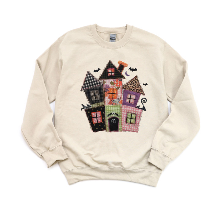 Faux (Printed, not real quilted fabric) Quilted Spooky Haunted Halloween House - Comfy Dropshoulder Sweatshirt