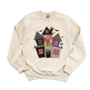  Faux (Printed, not real quilted fabric) Quilted Spooky Haunted Halloween House - Comfy Dropshoulder Sweatshirt