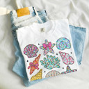  Ditzy Floral Summer Beach Shells - T-Shirt (Crewneck)  100 Cotton Heavyweight Tee (Unisex)  Comfort Colors