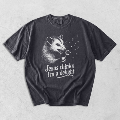 Jesus Thinks Im A Delight Possum Dandelion - Comfy T-Shirt Options (Main Image - Comfort Colors - Pepper)