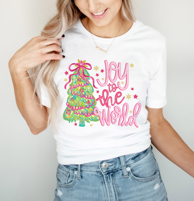 Joy To The World Christmas Tree Colorful - T-Shirt (Crewneck)  100 Cotton Solid Colors Jersey Tee (Unisex)  Bella Canvas, T-Shirt (Crewneck)  Poly-Cotton He