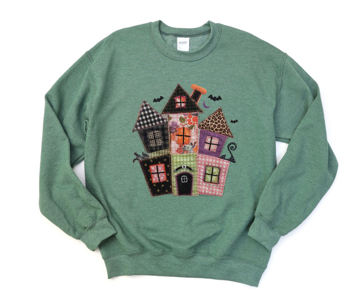 Faux (Printed, not real quilted fabric) Quilted Spooky Haunted Halloween House - Comfy Dropshoulder Sweatshirt