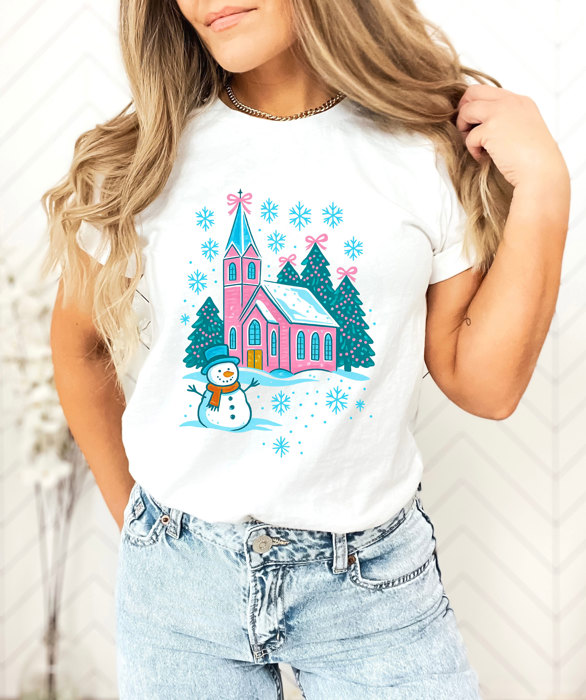 Little Pink Christmas Church In The Snow - Soft Comfy T-Shirt Bella Canvas