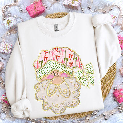 Preppy Bow Santa Claus For Christmas With Faux (Printed, not real fabric or glitter)  Gold Accents - Comfy Drop Shoulder Sweatshirt