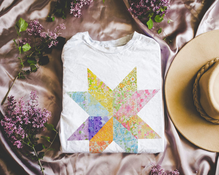 Bright Ditzy Floral Summer Printed Quilted Star Pattern - Soft and Cozy T-Shirt (Crewneck)  Bella Canvas