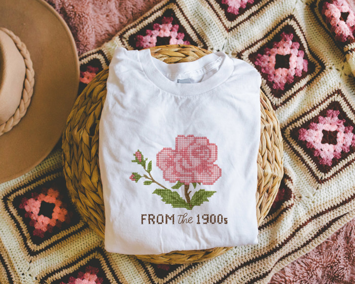 From The 1900s Faux (Printed, not real fabric or cross stitch)  Cross Stitched Pattern of a Vintage Rose - Soft Longer Length Bella Canvas