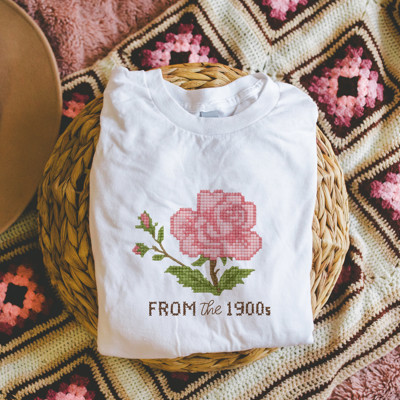 From The 1900s Faux (Printed, not real fabric or cross stitch)  Cross Stitched Pattern of a Vintage Rose - Soft Longer Length Bella Canvas
