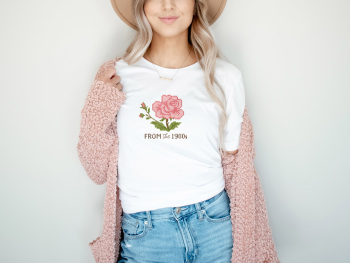 From The 1900s Faux (Printed, not real fabric or cross stitch)  Cross Stitched Pattern of a Vintage Rose - Soft Longer Length Bella Canvas