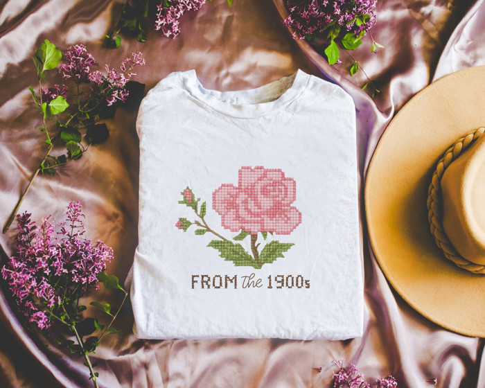 From The 1900s Faux (Printed, not real fabric or cross stitch)  Cross Stitched Pattern of a Vintage Rose - Soft Longer Length Bella Canvas