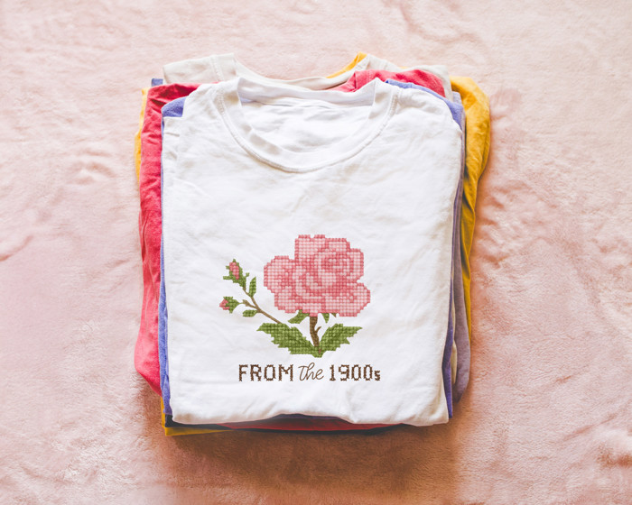 From The 1900s Faux (Printed, not real fabric or cross stitch)  Cross Stitched Pattern of a Vintage Rose - Soft Longer Length Bella Canvas