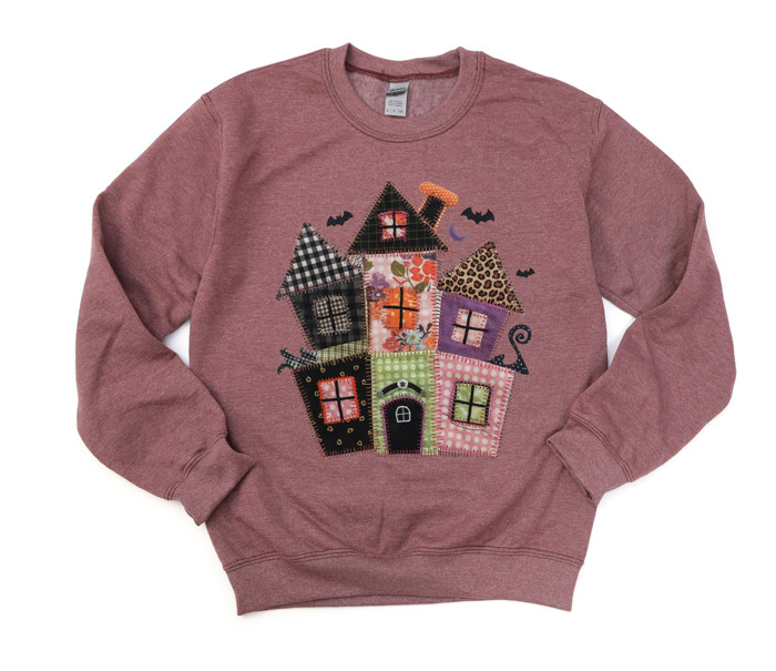 Faux (Printed, not real quilted fabric) Quilted Spooky Haunted Halloween House - Comfy Dropshoulder Sweatshirt