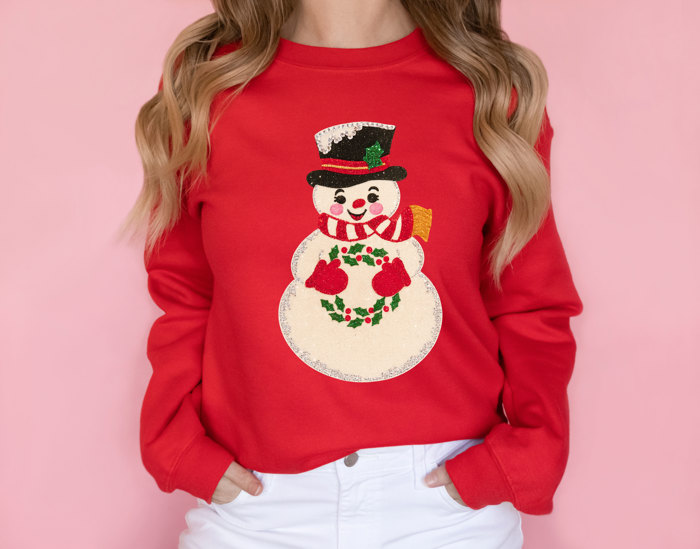 Vintage Style Sparkle Sequin Snowmand For Christmas - Comfy Drop Shoulder Sweatshirt