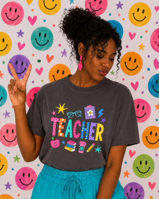Decorative Teacher Word With Educational Elements - T-Shirt Or Sweatshirt (Main Image is Comfort Colors Pepper)