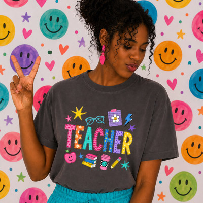 Decorative Teacher Word With Educational Elements - T-Shirt Or Sweatshirt (Main Image is Comfort Colors Pepper)