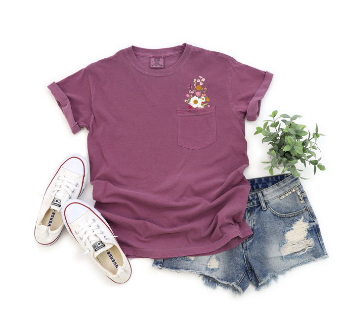 Faux (Printed, not real embroidery)    Embroidery Wild Flower Pocket Unisex Heavyweight Comfort Tee