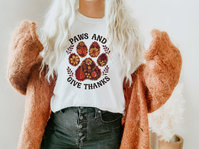 Paws And Give Thanks Dog Mom Dog Dad Thanksgiving for Pet Lovers - Soft Longer Length Bella Canvas Tee