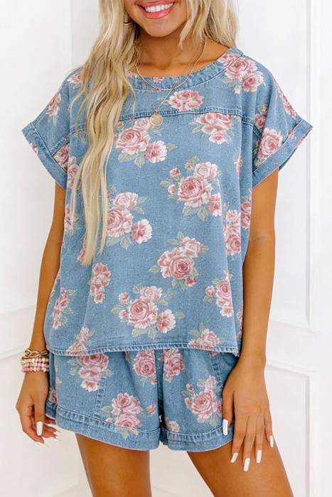 Denim Detail Floral 2pcs Set | S-XL