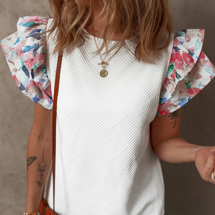 Textured Knit Abstract Print Tiered Sleeve Top | S-XL