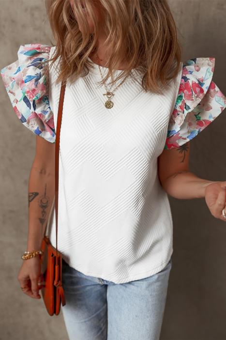 Textured Knit Abstract Print Tiered Sleeve Top | S-XL