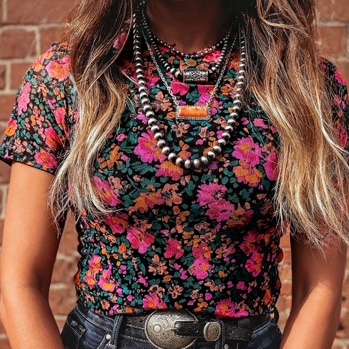 Retro Floral Printed Mesh Short Sleeve Top | S-XL