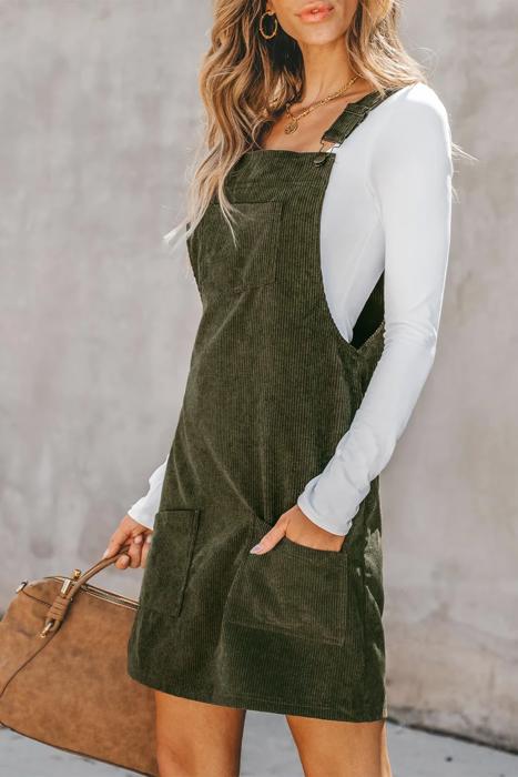Front Pockets Corduroy Overall Dress