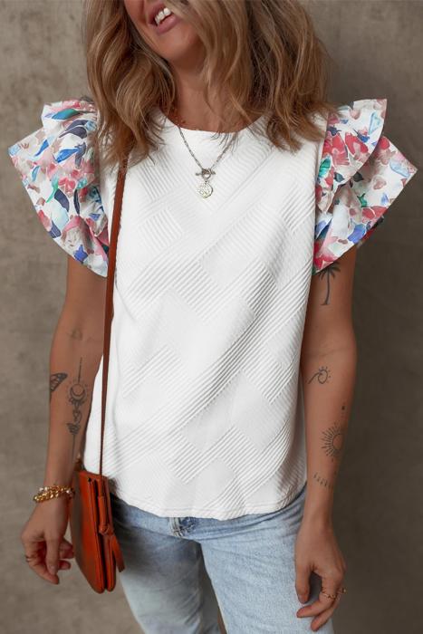 Textured Knit Abstract Print Tiered Sleeve Top | S-XL