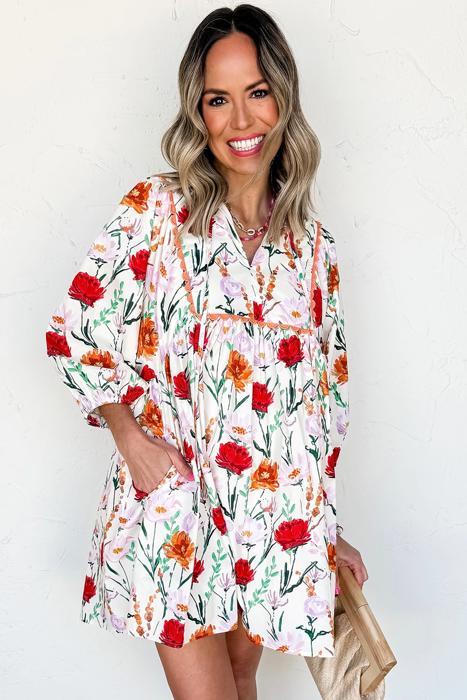 Floral Print Ricrac Trim Puff Sleeve Mini Dress | S-XL
