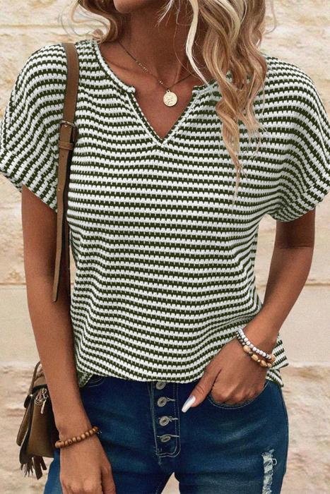 Notched V-Neck Textured Knit Short Sleeve Top | S-XL