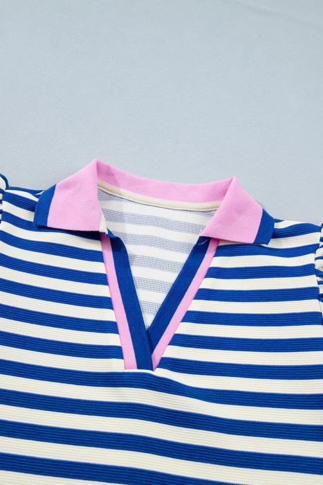 Preppy Stripe Polo Collar Ruffle Detail Top | S-XL