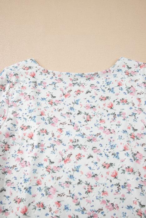 Floral Print Textured Square Neck Long Sleeve Top | S-XL