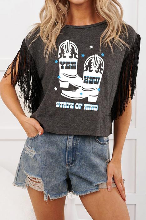 YEE HAW Boots Graphic Fringed Sleeve Tee | S-XL