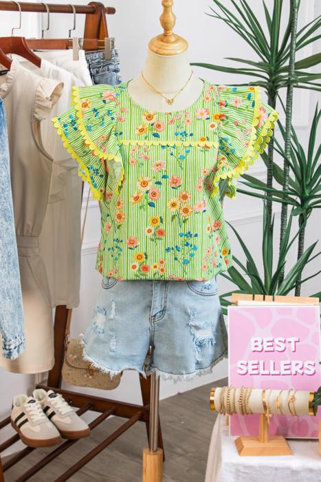 Stripe Floral Ruffle Sleeve Top | S-XL